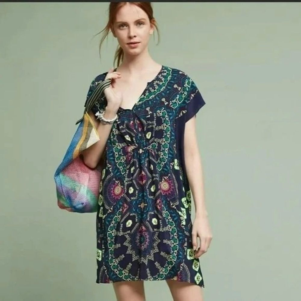 Anthropologie Maeve 100% Silk Navy Boho Medallion Paisley Shift Dress Sz M‎